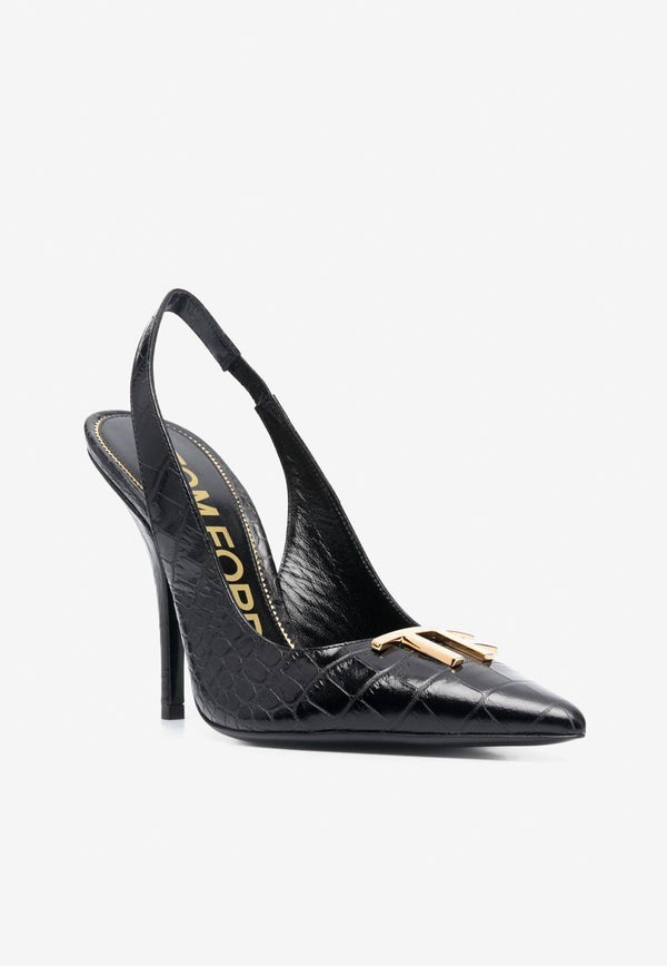 Tom Ford 110 TF Slingback Pumps in Croc-Embossed Leather Black W3165-LCL125G 1N001