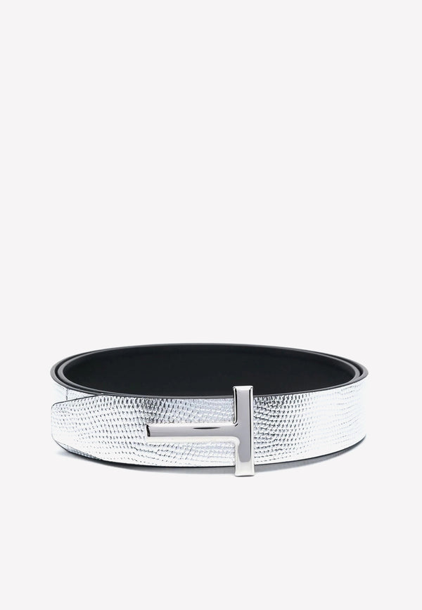 Tom Ford T Buckle Reversible Belt in Metallic Lizard Print WB207-LCL335S 3GN07 Silver