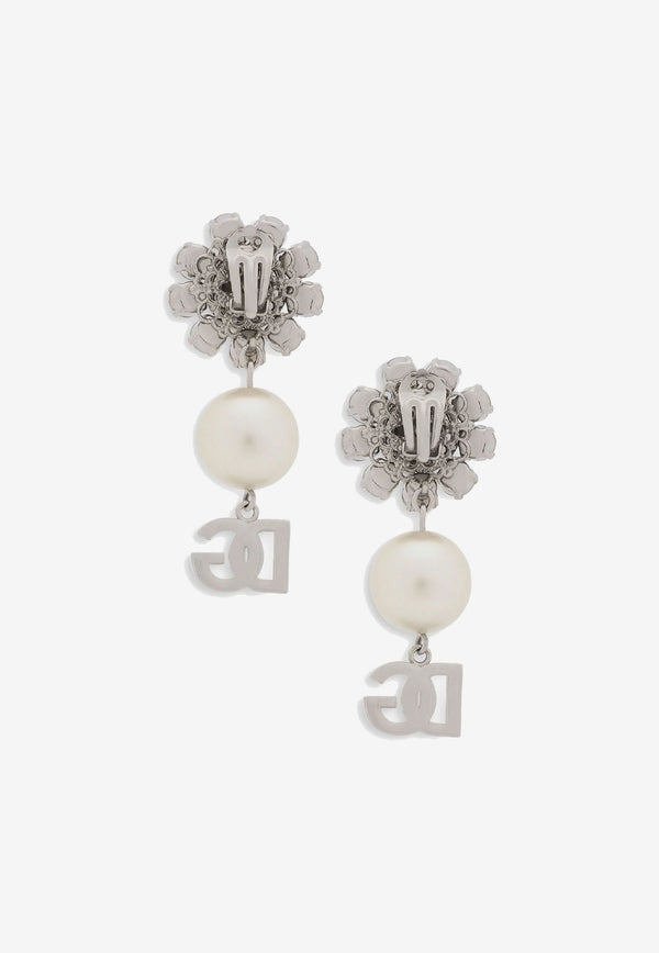 Dolce & Gabbana DG Logo Crystal Pearl Earrings Silver WEO6Z6 W1111 87655
