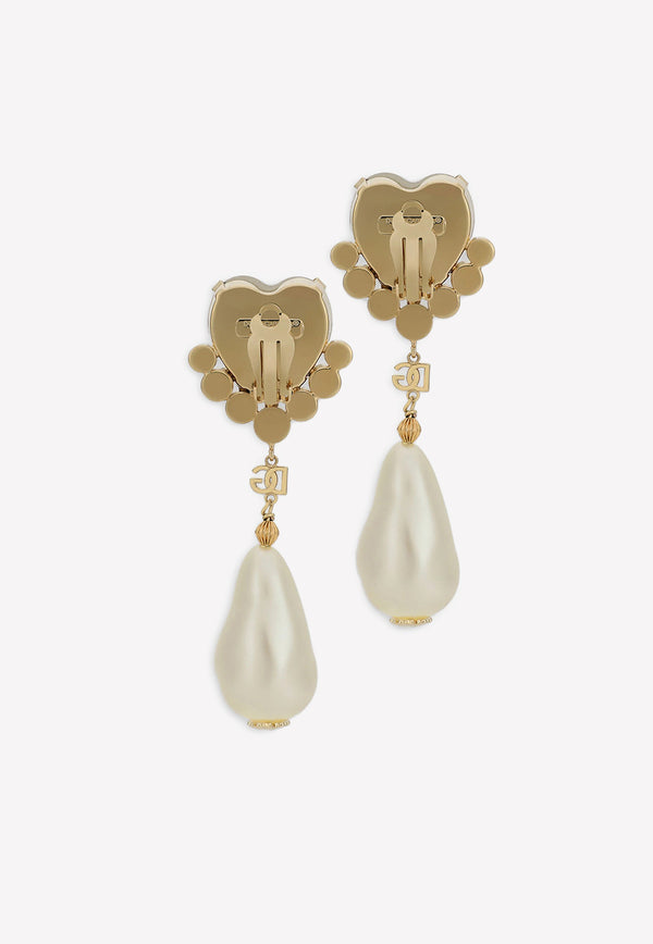 Dolce & Gabbana Clip-On Crystal and Pearl Drop Earrings Gold WEO8S5 W1111 ZOO00