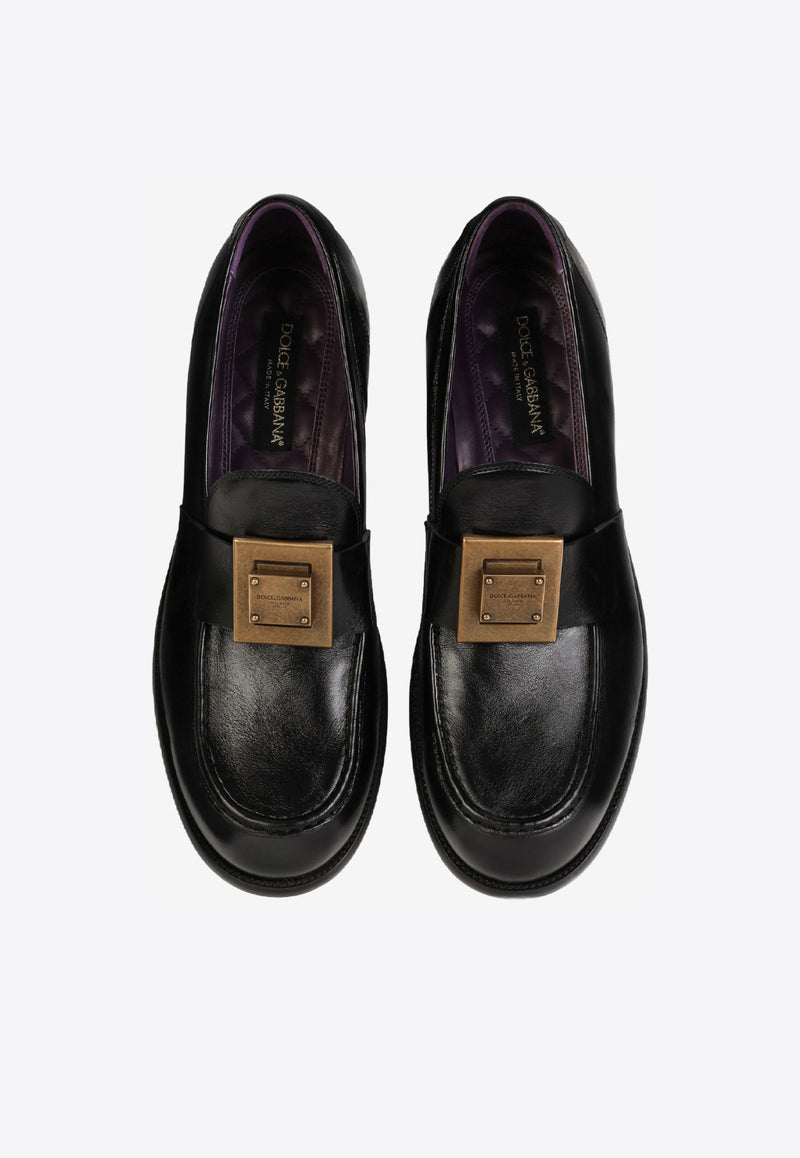 Dolce & Gabbana Black Mino Plate-Detail Loafers in Calf Leather A30141 AO821 80999