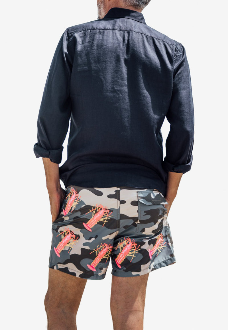 Les Canebiers All-Over Lobster Swim Shorts in Camo Blue All Over Lobster-Camou
