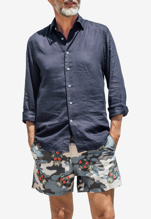 Les Canebiers All-Over Mexican Heads Swim Shorts in Camo Grey All Over Mex-Camou