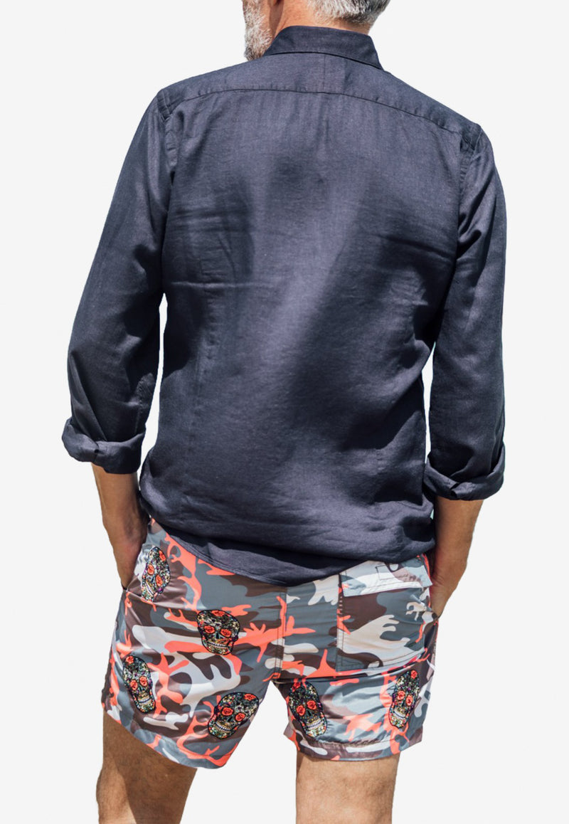Les Canebiers All-Over Mexican Heads Camo Swim Shorts in Navy Orange All Over Mex-Camou/Orange