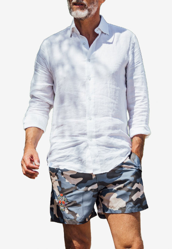 Les Canebiers Ermitage Court Mexican Head Swim Shorts in Camo Blue Ermitage Court Mex-Camouflage