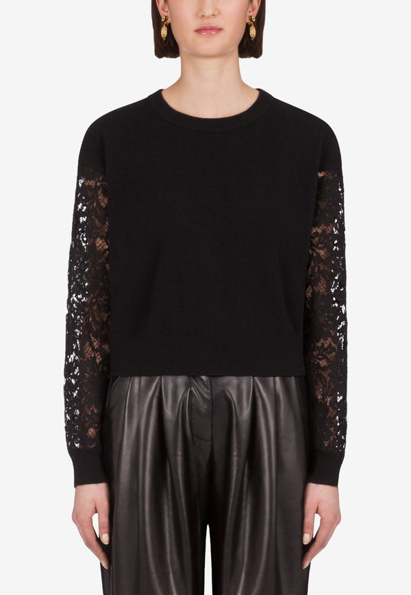 Dolce & Gabbana Black Lace-Sleeved Cashmere Sweater FX960T JAM7O N0000