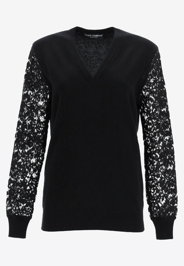 Dolce & Gabbana Black Lace Sleeved V-Neck Cashmere Sweater FX962T JAM7O N0000