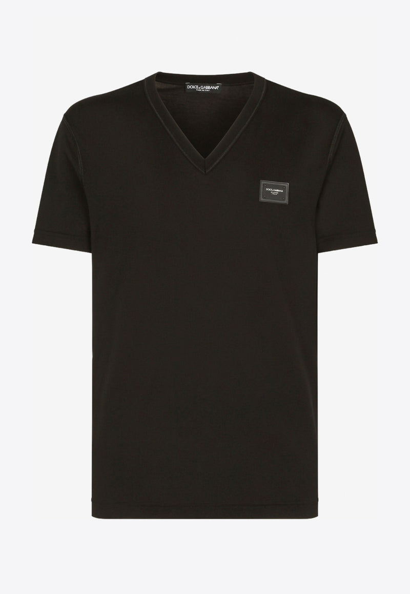 Dolce & Gabbana Black Logo Plate V-neck T-shirt in Cotton G8KK0T FU7EQ N0000