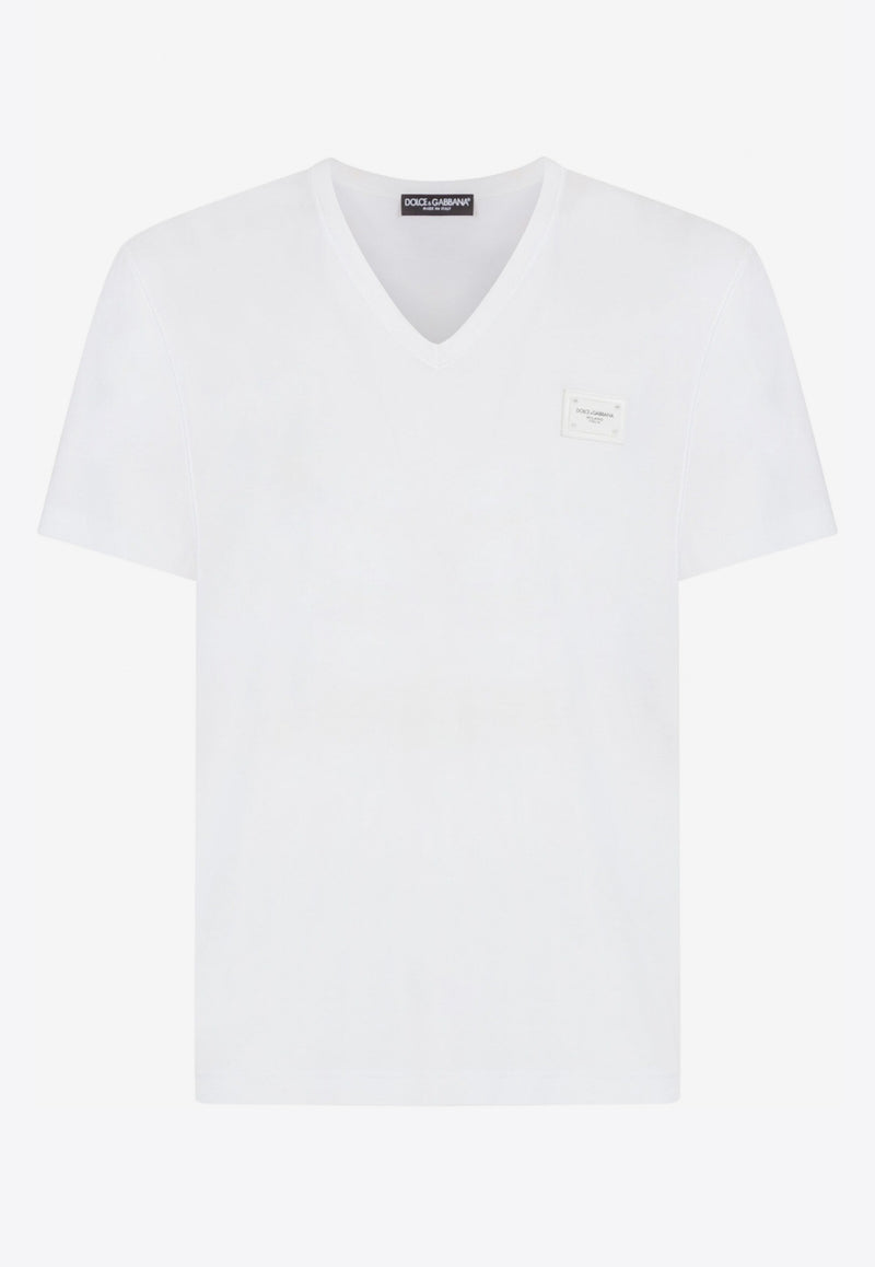 Dolce & Gabbana White Logo Plate V-neck T-shirt in Cotton G8KK0T FU7EQ W0800