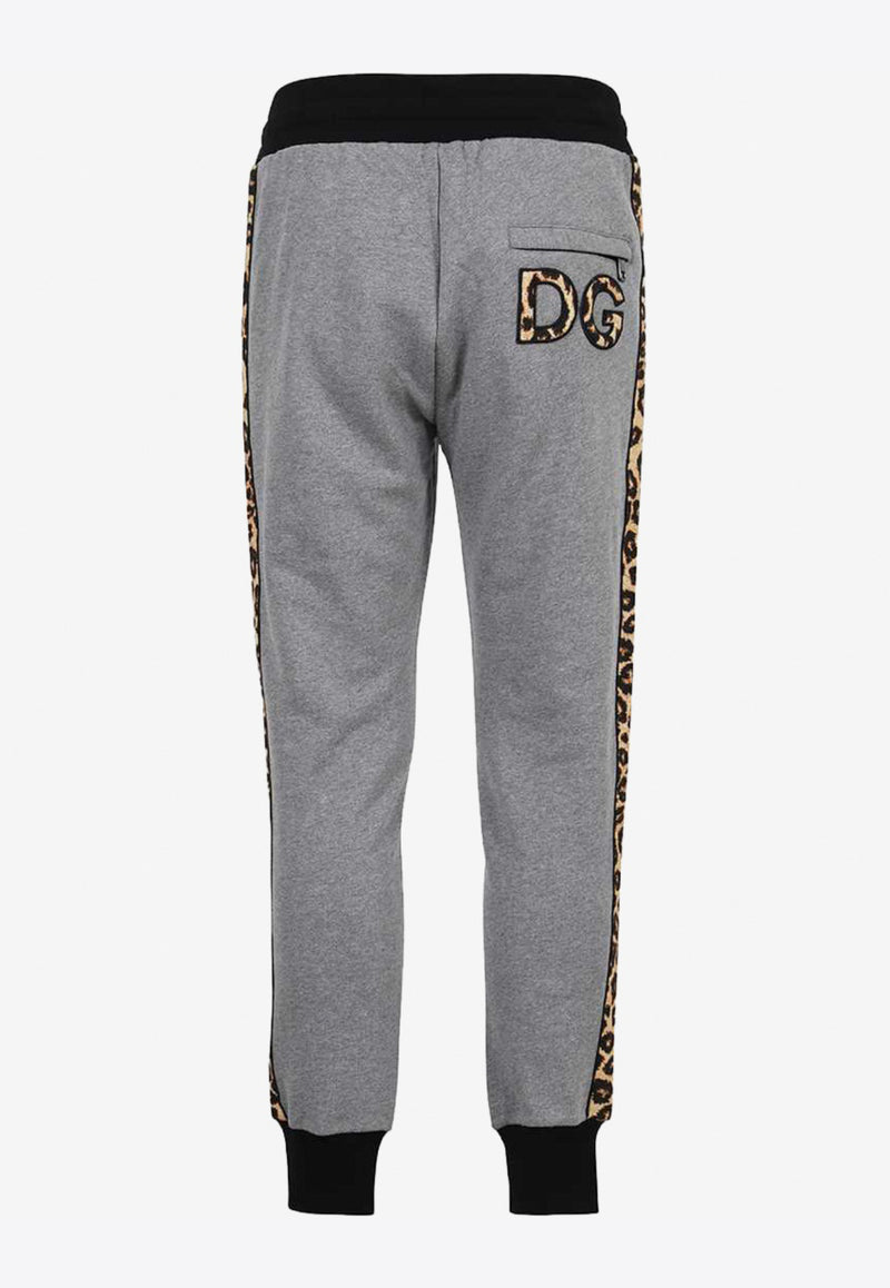 Dolce & Gabbana Leopard Print DG Patch Cotton Track Pants Grey GWNZAZ FU7DU S8291