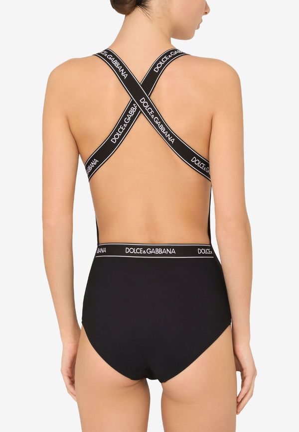 Dolce & Gabbana Black Plunging Neck One-Piece Logo Swimsuit O9A09J FUGA2 N0000