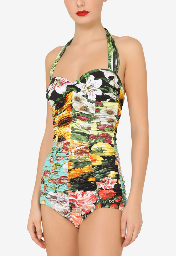 Dolce & Gabbana Multicolor Patchwork One-Piece Ruched Swimsuit O9A68J ONI44 S9002