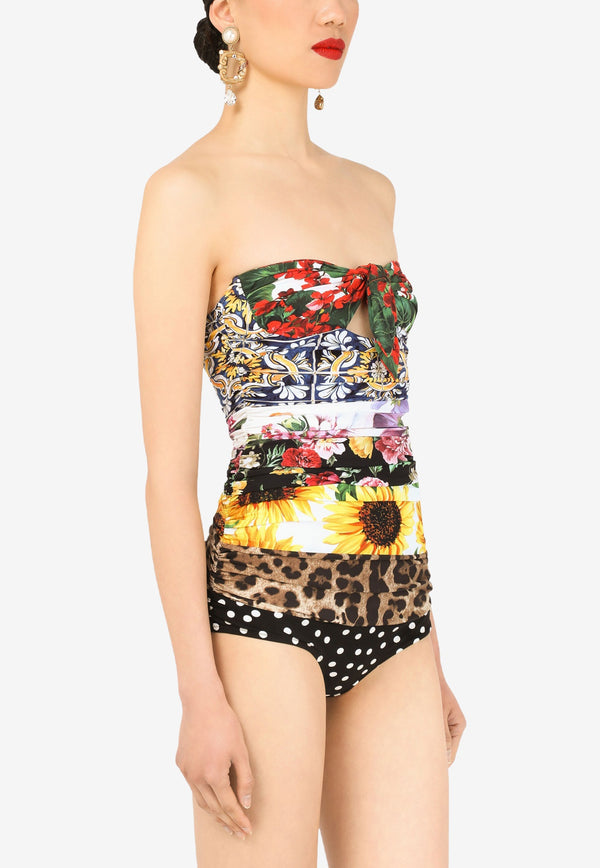 Dolce & Gabbana Multicolor Patchwork One-Piece Draped Swimsuit O9A69J ONI45 S9003