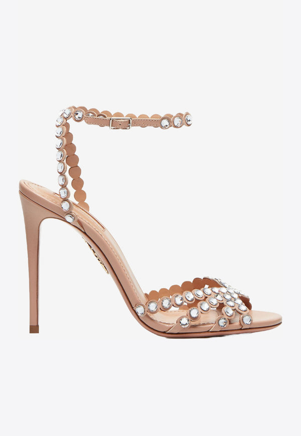 Aquazzura Tequila 105 Crystal Embellished Sandals in Nappa Leather Pink TQLHIGS0-NAPPWP POWDER PINK