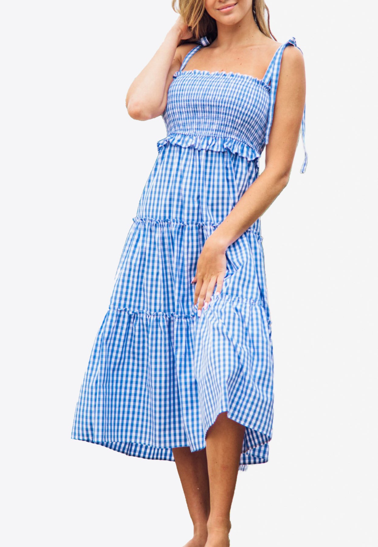 Valensole Stripe Tiered Midi Dress in Blue Vichy – THAHAB KW