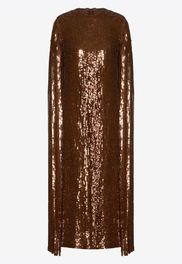 Valentino Sequin Embroidered  Chiffon Cape Dress-Brown-VB0VAVD12UP C30